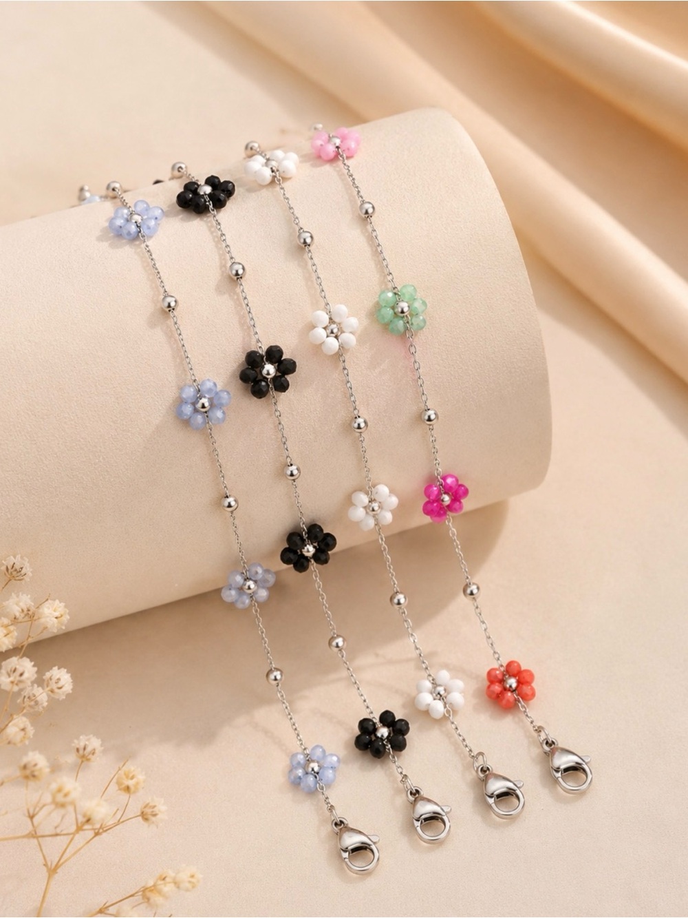 Cute Beaded Stainless Flower Bracelet Set
